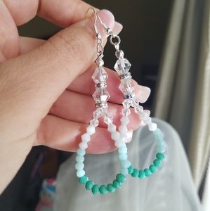 Swarovski Elements Long Mint Green & Alabaster White Teardrop Hoop Earrings NWT